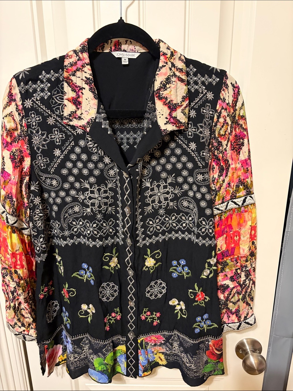 John Mark Black Floral Embroidered Button-Front Blouse with Multicolor Sleeves